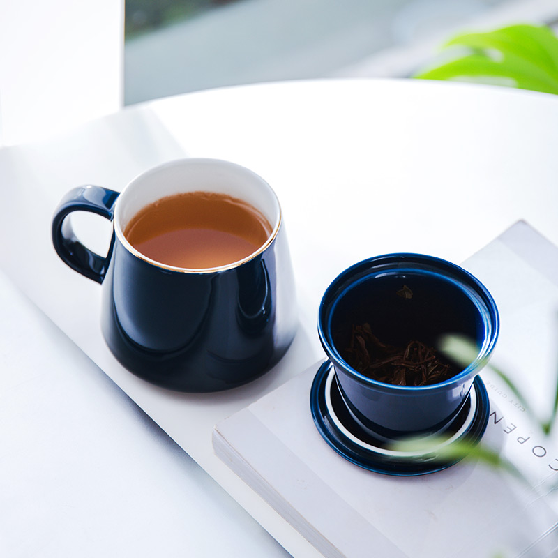 Ceramic tea cup with lid filtration separation office cup tea cup personal tea cup flower cup logo