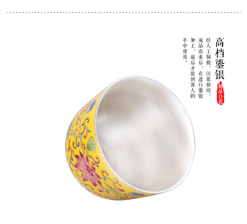 Jingdezhen colored enamel authentic checking ceramic tea set silver cup silver 999 kung fu bladder coppering. As silver sample tea cup
