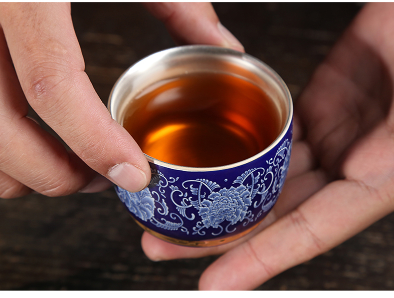 Jingdezhen ceramic silver cup silver 999 authentic kung fu tea tasted silver gilding master cup sample tea cup single cup home