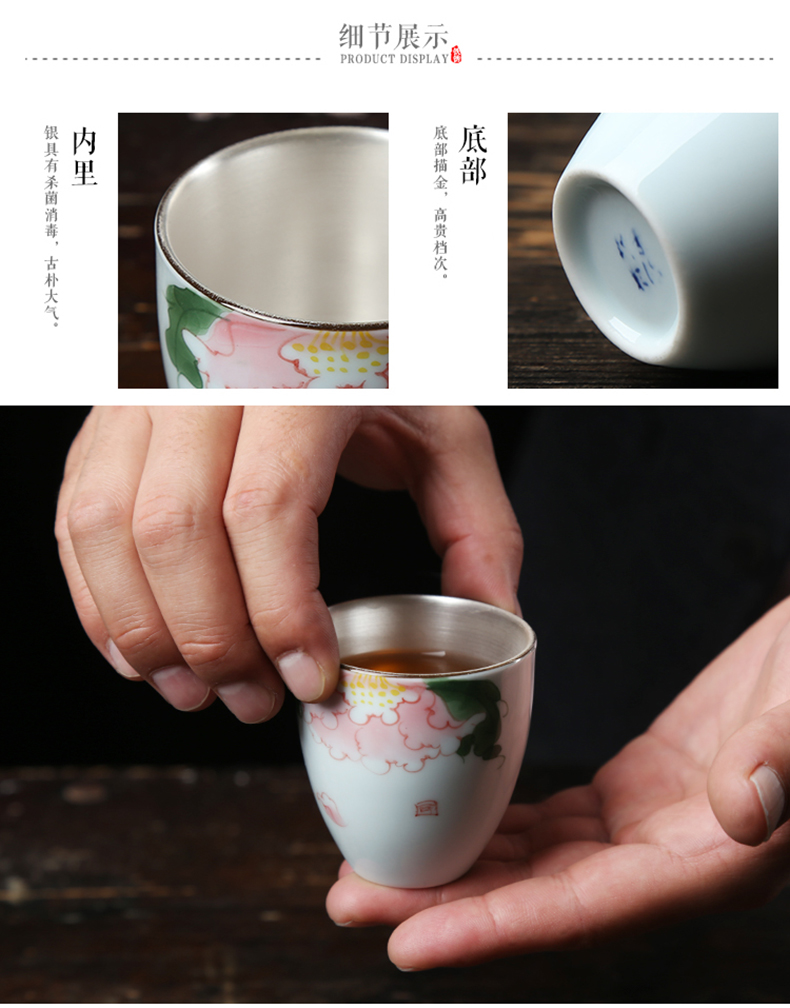 Jingdezhen manual hand - made teacup silver cup silver 999 authentic kung fu tea tasted silver gilding sample tea cup tea cup