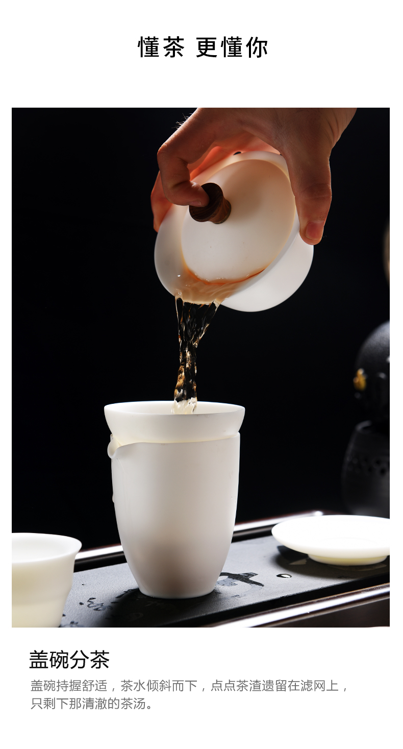 Dehua white porcelain ceramic checking tea tureen three cups to bowl bowl suet jade kung fu tea tea tureen