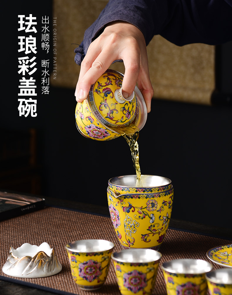 Jingdezhen colored enamel silver tea set with high - end office receives a visitor coppering. As kung fu tea set 999 sterling silver set