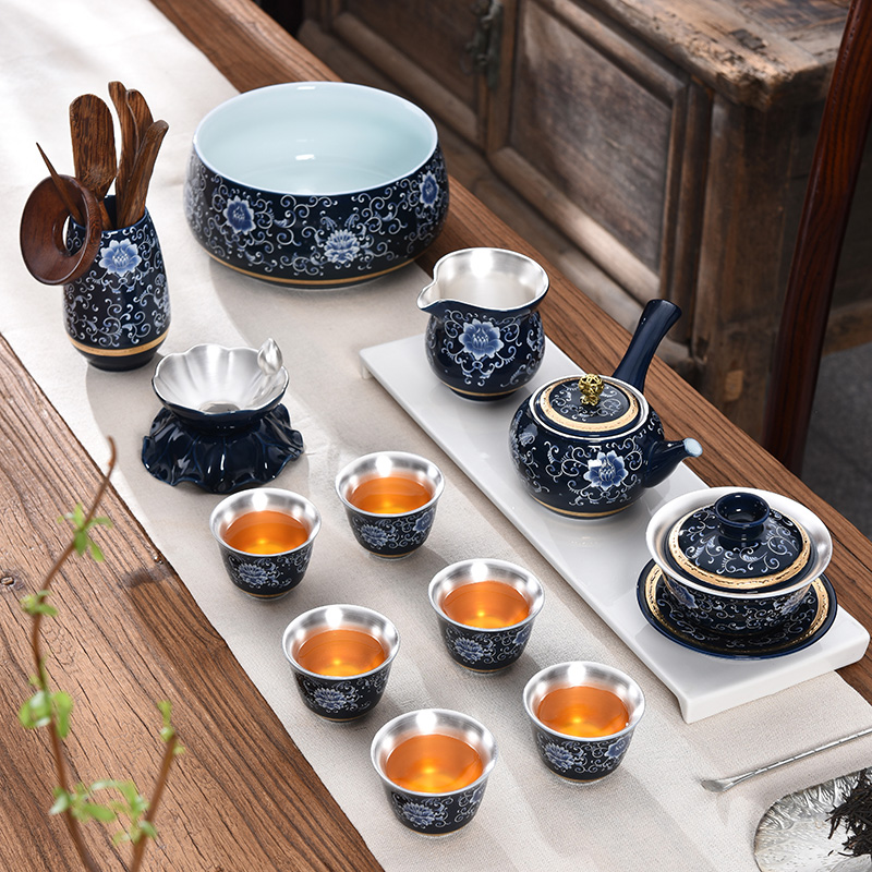 Jingdezhen high - grade enamel silver tea set 999 sterling silver suit household kung fu tea set office to receive a visitor the teapot
