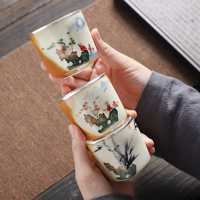 Jingdezhen hand - made teacup firewood master cup single CPU getting silvering cup 999 sterling silver tank cup sample tea cup