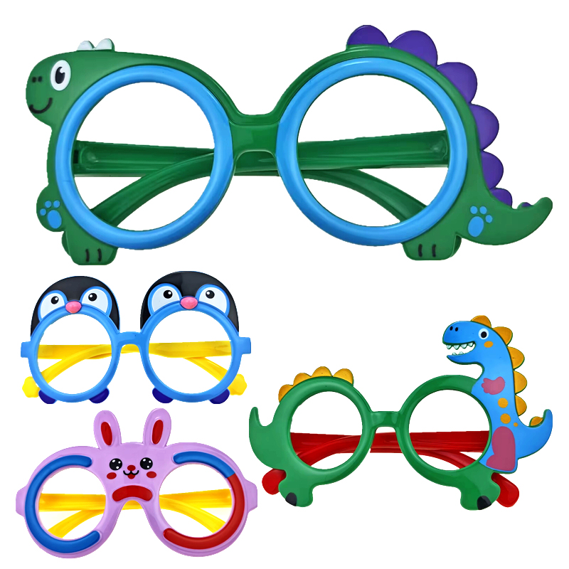 Children's Glasses with Silicone Soft Frames, Cartoon Personality, Cute Dinosaur Design, Empty Frame for Boys and Girls, Props for Posing, Cute and Cool