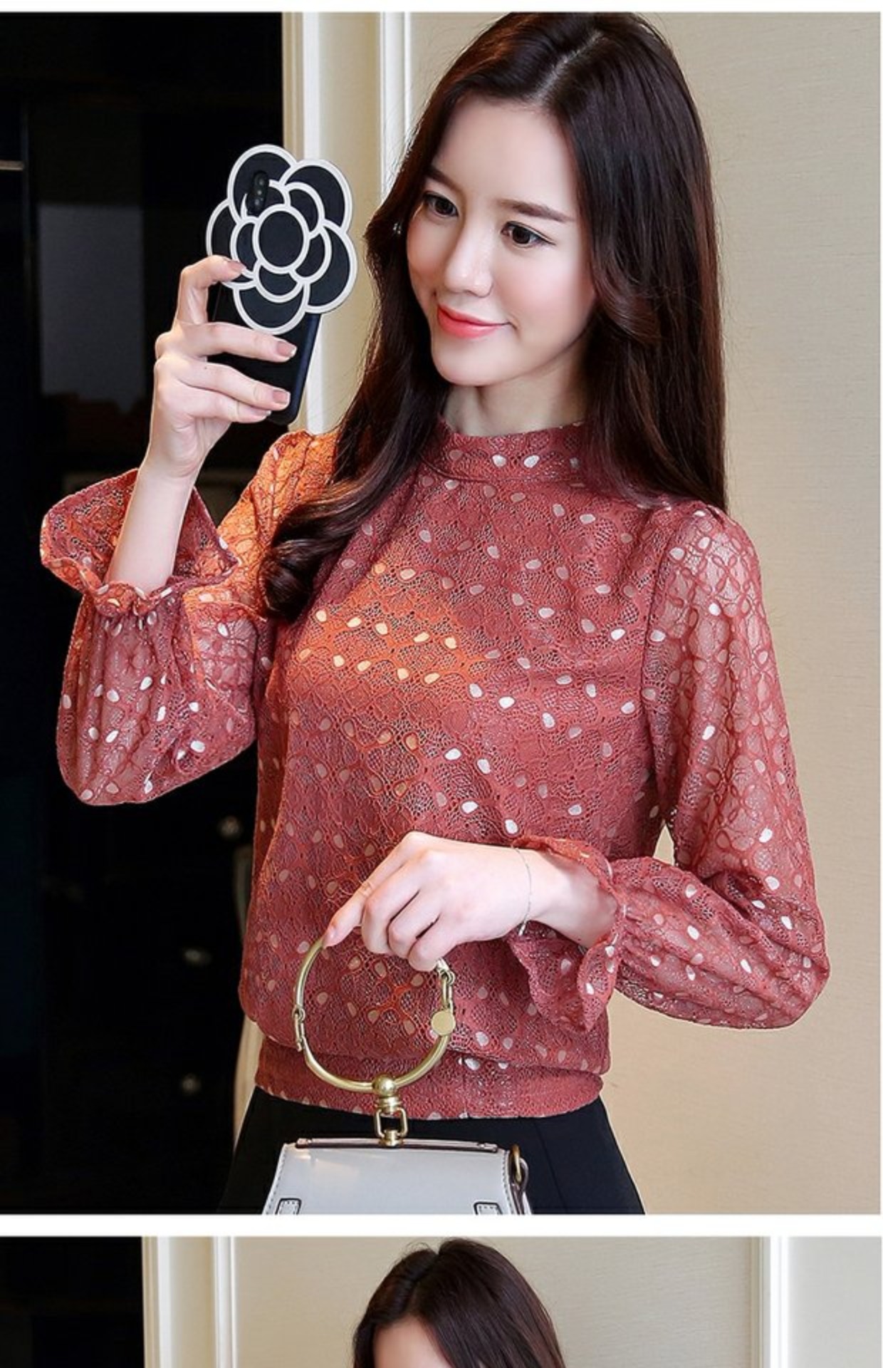 Áo sơ mi ren đáy biển nữ 2018 xuân mới phiên bản Hàn Quốc của áo sơ mi dài tay rộng nhỏ ngoại quốc áo voan ngọt ngào áo sơ mi caro nữ form rộng