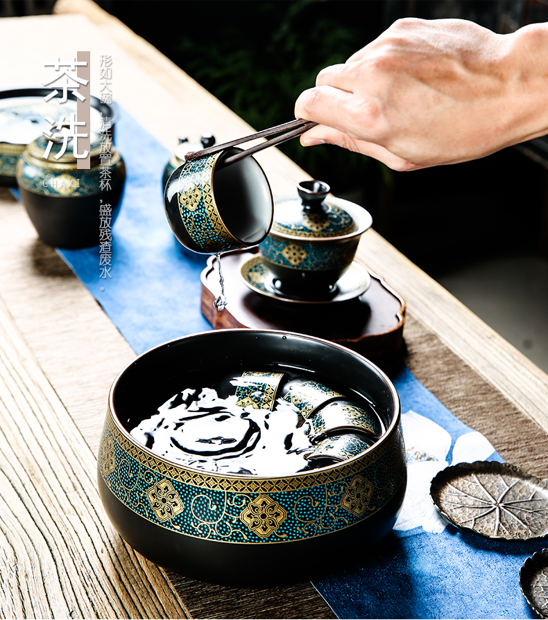 Bo yiu-chee gold kung fu tea set of household ceramic tea lid bowl of tea cups to wash the whole red glaze