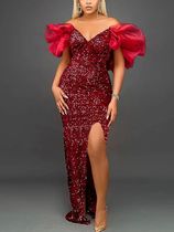 Robe Sexy pour femmes même à paillettes épaules dénudées manches moelleuses taille haute