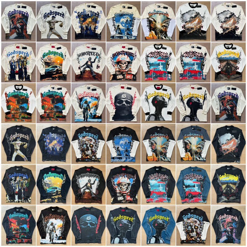 Foreign Trade Trendy Godspeed Retro Skull Print Summer Casual Trendy Hip-Hop Washed Pure Cotton Long-Sleeve T-Shirt
