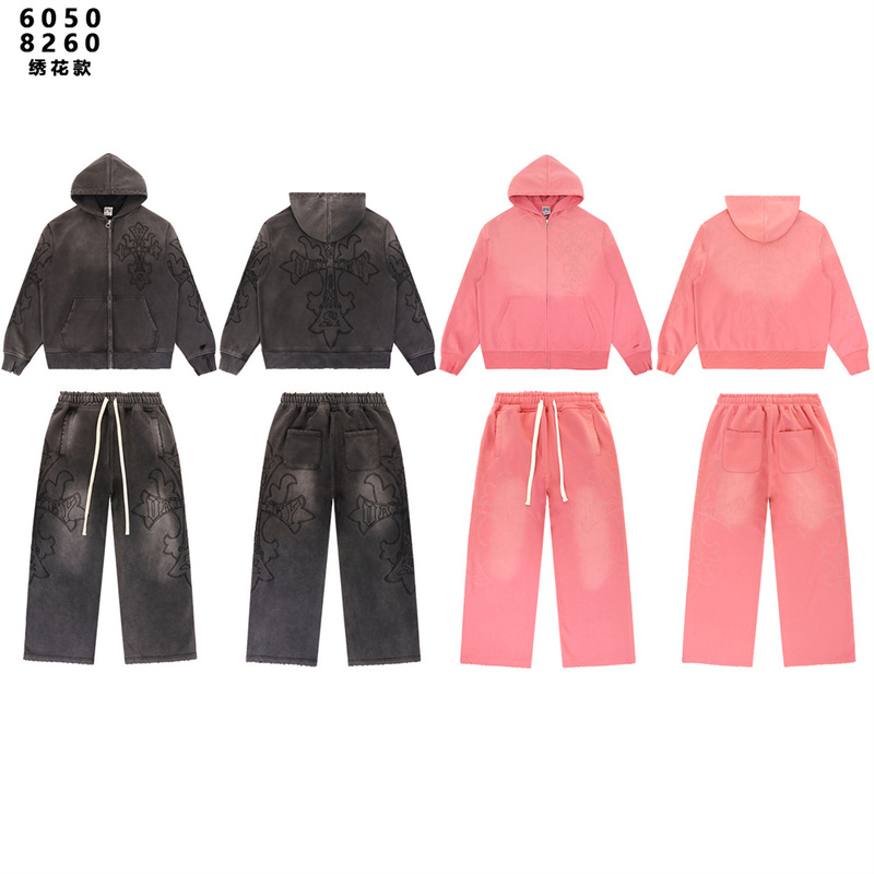 Vale Forever Valley Embroidered Logo High Street Trendy Casual Washed Hooded Jacket and Pants Set