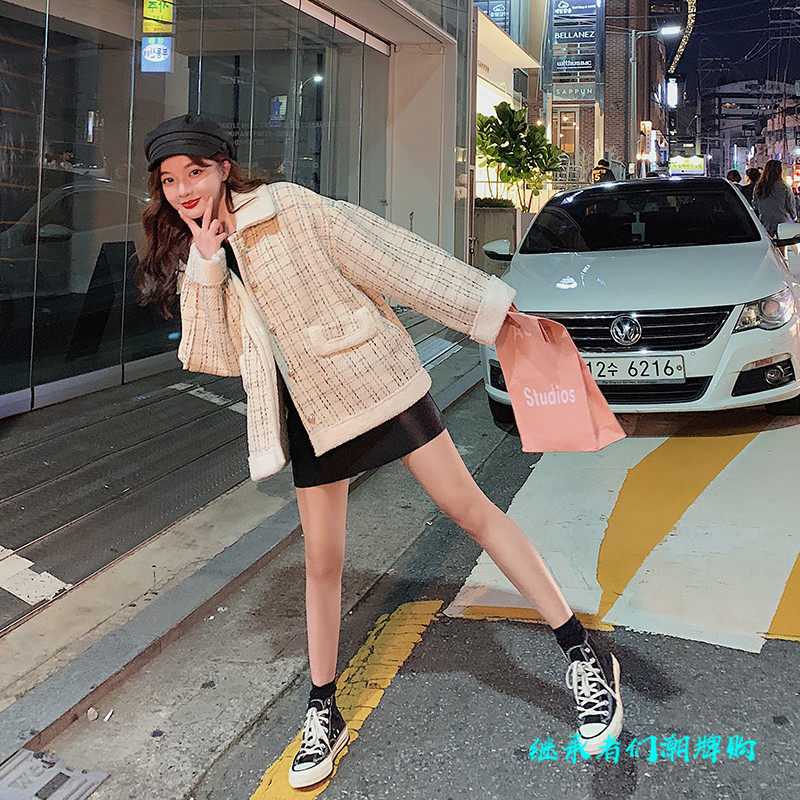 Sandro Moscoloni autumn winter short jacket woman lamb suede small fragrant wind retro plaid blouse 100 hitch