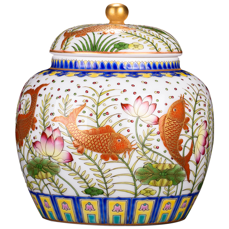 Jingdezhen ceramics archaize Ming jiajing paint colorful fish and algae grain tea pot sitting room adornment collection furnishing articles