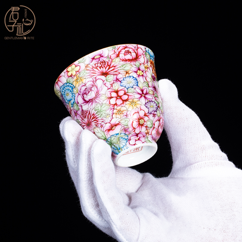 Jingdezhen ceramics kung fu teacups hand - made m letters flowers single cup small thin foetus enamel glaze color sample tea cup