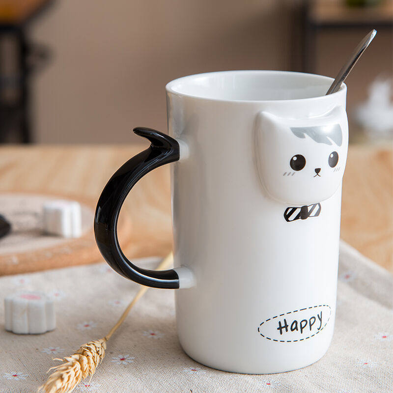 Minimalist Creative Ceramic Cup Cute Solid with lid with spoon water glass Mark cup Milk Coffee Cup Subideal Cat Love