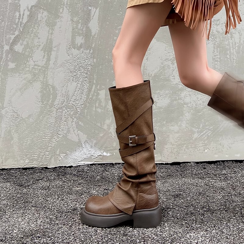 Wasteland Style Brown Melard High-Heeled Platform Knight Boots for Women, Long Martin Boots, Wrinkled High-Top Stacked Long Boots