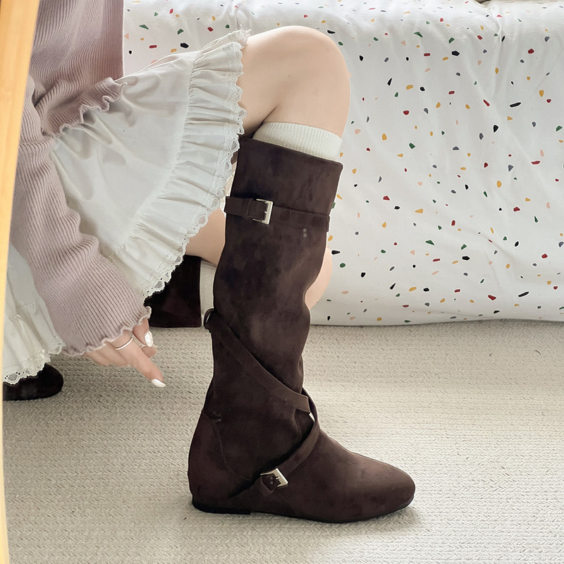 Women's Height-Increasing Long Boots 2025 New Autumn Vintage Versatile Stacked Boots with Belt Buckle Slimming High-Top Riding Boots