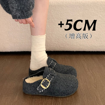 Gray Felt Birkenstock Shoes with Plush Lining, Closed-Toe Half-Slippers for Women, Suitable for Outdoor Wear, 2025 New Autumn and Winter Birkenstock Plush Cotton Slippers