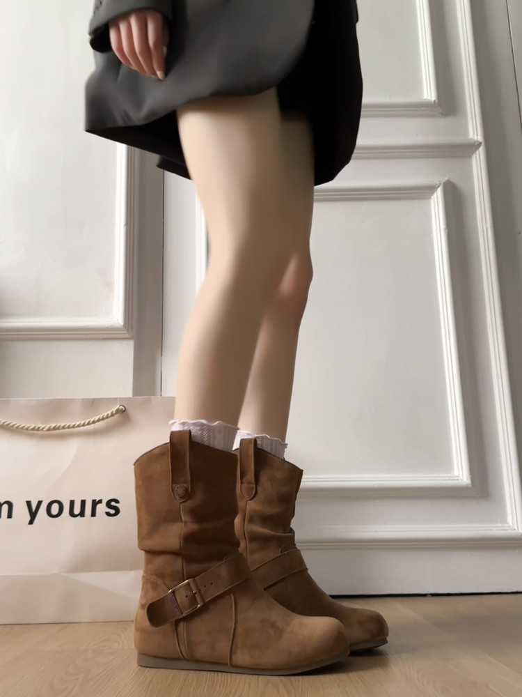 Retro Height-Increasing Birkenstock Short Boots for Women, 2025 Autumn New Style Western Cowboy Boots, Slimming Push-Up Boots, Martin Boots