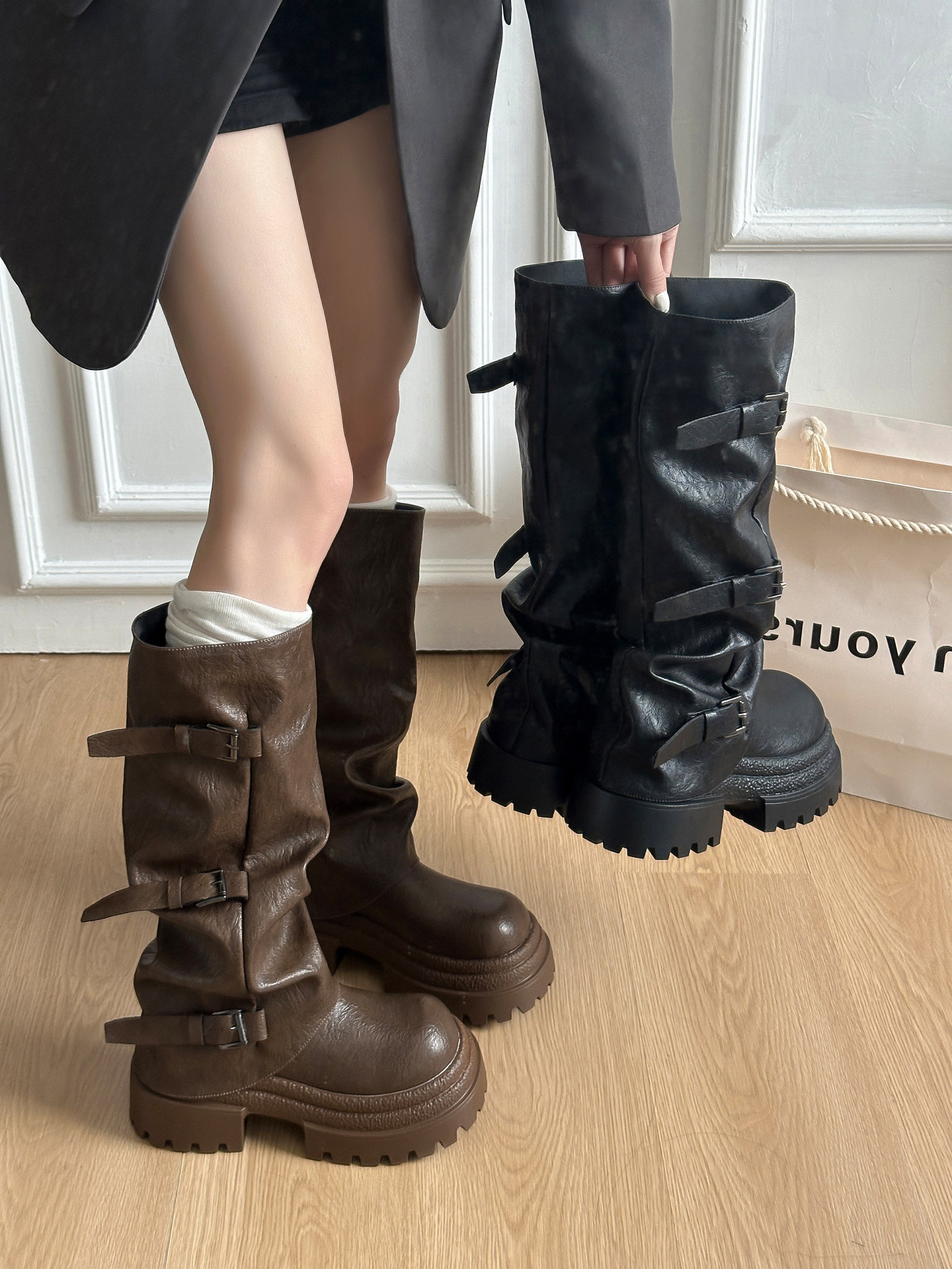 Meilade Petite Belt Buckle Trouser-Leg Long Boots for Women, 2025 Autumn and Winter New Style, Slimming Stacked Long Tube Riding Boots