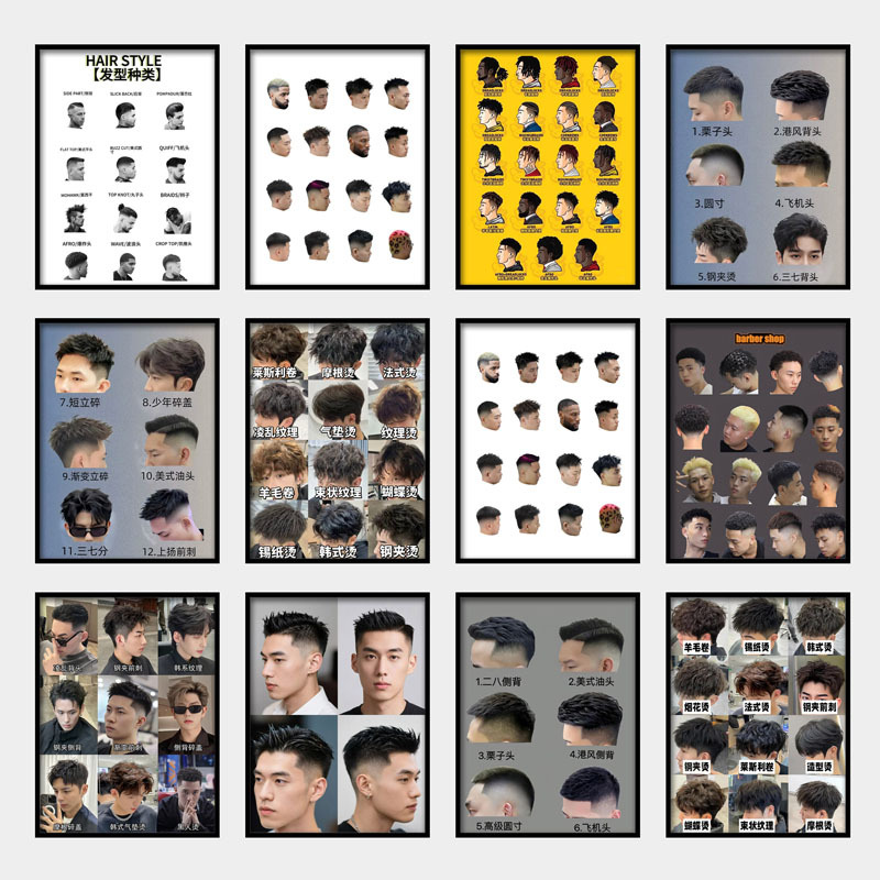 Men's Hairstyles Barber Shop Poster Decorative Painting Perm American Gradient Picture Hanging Painting Hair Salon Wall Art