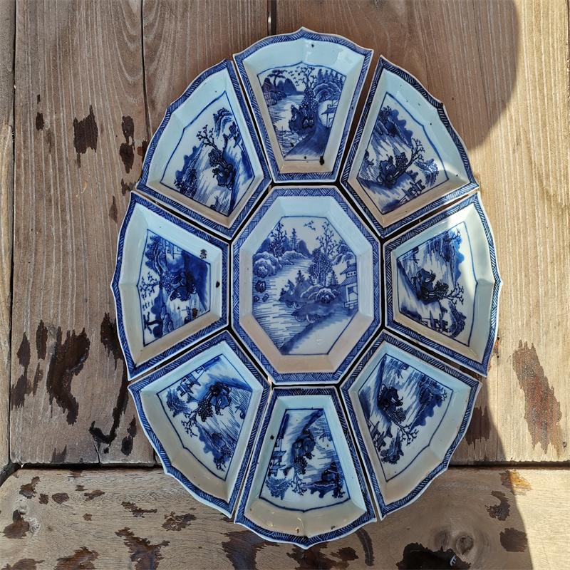 清代乾隆山水之间人物青花九子攒盘一套