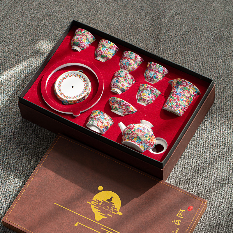 Colored enamel kung fu tea set suit household contracted tea ceramic pot of a complete set of modern high - end gift box with a gift