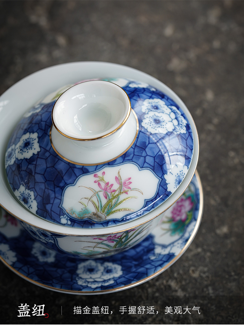 Jingdezhen blue and white only three tureen hand - made kung fu tea set a single ceramic cup bowl is not hot