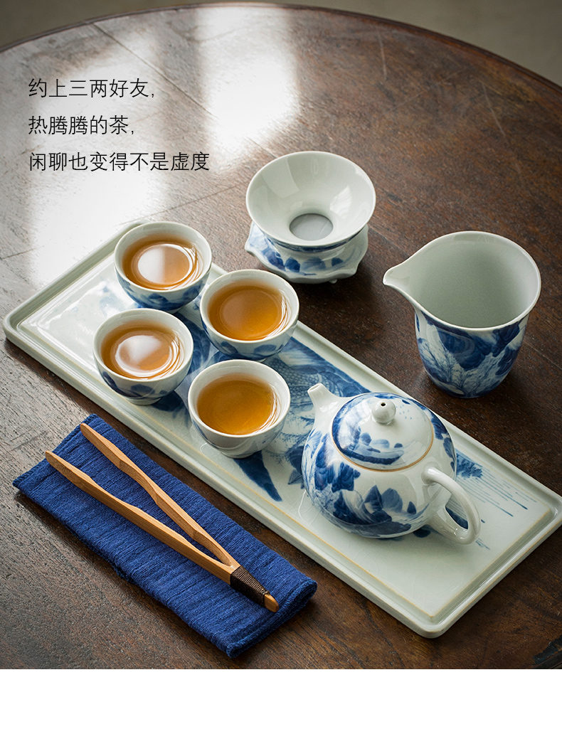 Jingdezhen blue and white landscape hand - made porcelain kung fu tea set small suit Chinese style household girder pot lid bowl