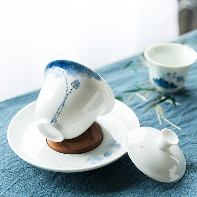 Hand - made tureen ceramic cups kung fu tea set domestic large tureen tea bowl white porcelain and three cups