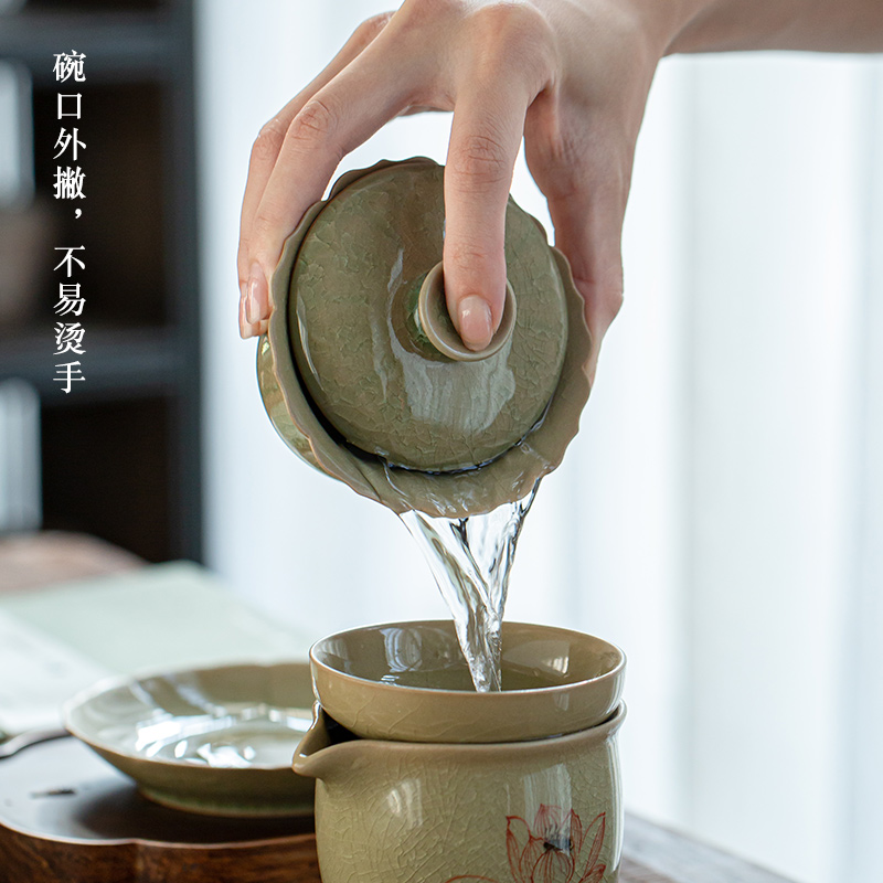 Jingdezhen, the up of ice to crack the manual only three tureen CPU use ceramic tea bowl set tea service