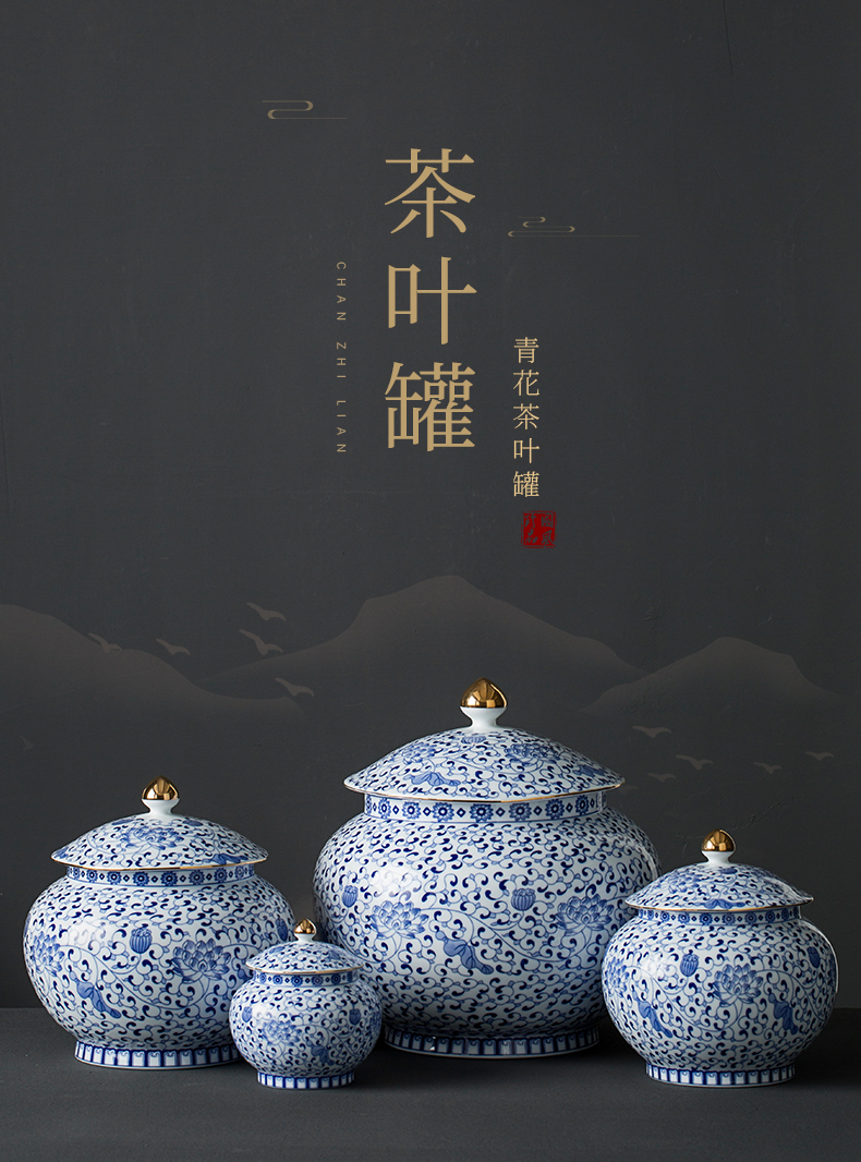 Jingdezhen hand - made bound lotus flower blue and white porcelain tea pot seal pot loose tea storage POTS store receives puer tea