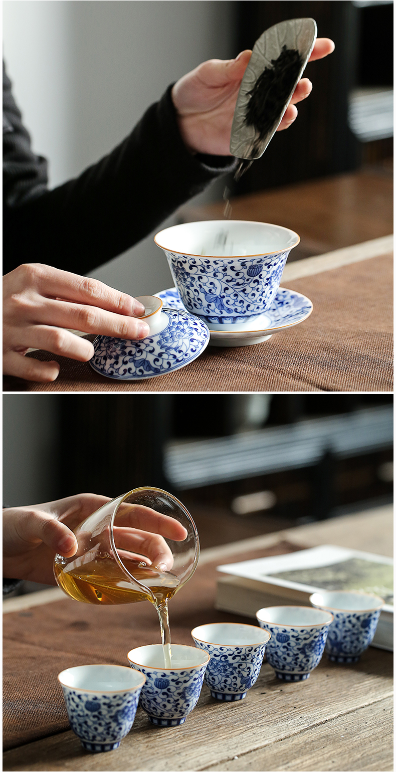 Hand - sketching jingdezhen blue and white porcelain tea set manual ceramic kung fu tea taking of a complete set of household teapot teacup