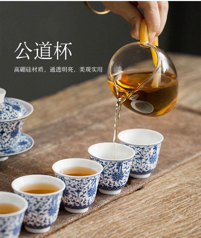 Jingdezhen tureen tea set gift suit pure hand - made under glaze blue and white porcelain three cups of kung fu tea tea bowl