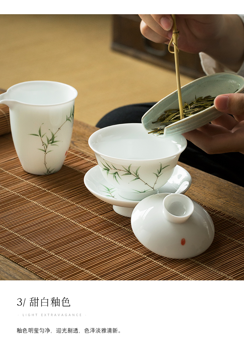 Jingdezhen thin foetus hand - made bamboo tureen tea cup three only a single small bowl of tea bowl of white porcelain kung fu tea set