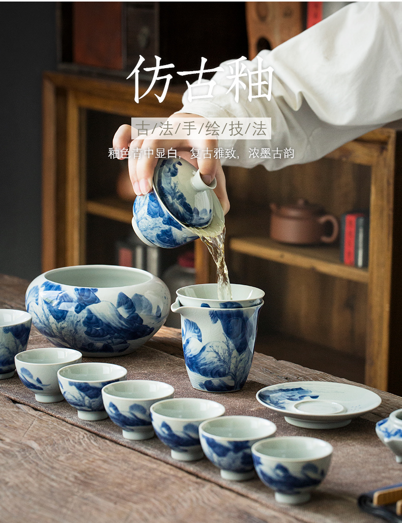 Jingdezhen hand - made porcelain kangxi landscape tureen tea set suits for Chinese zen household kung fu tea set gift boxes