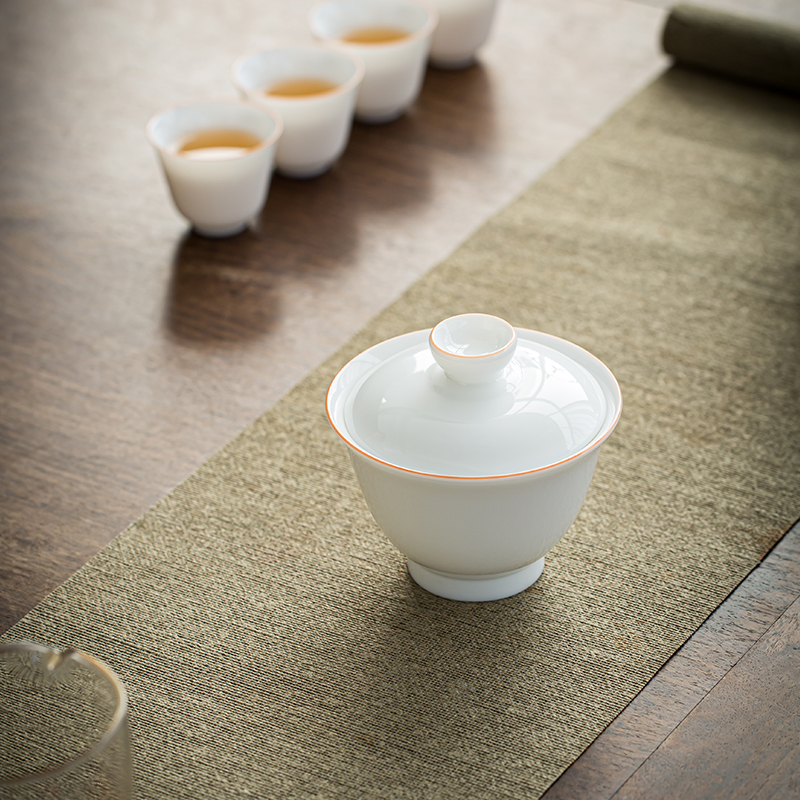 Dehua suet jade white porcelain single tureen double to make tea bowl of household ceramic cups with cover and tea set