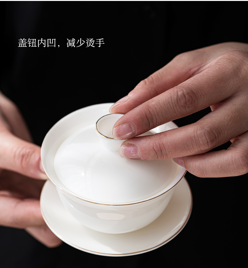 Dehua fuels the suet jade white porcelain tureen individual household thin foetus three cups with cover only make tea bowl of tea set