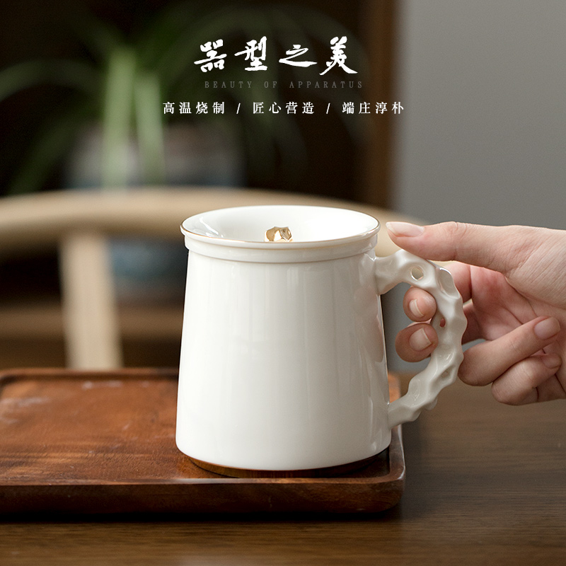 Dehua lard white mugs custom filter with cover household ceramic cups water glass office tea cups