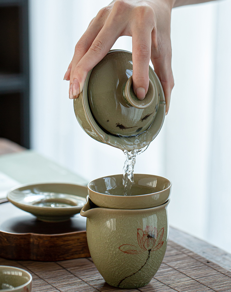 Jingdezhen manual only three tureen cup ice to crack the up hand - made lotus bowl of household hot tea bowl
