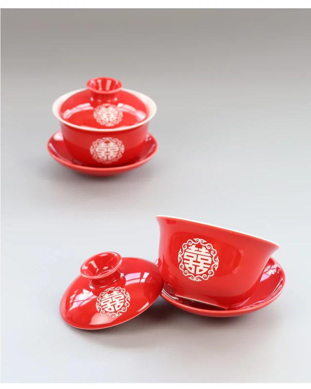 Tour du lịch của tôi Red Wedding Bong Tea Cup Wedding Happy Happy Hạnh phúc gấp đôi Cover Tea Set Khắc Quà cưới - Trà sứ bình pha trà có lõi lọc