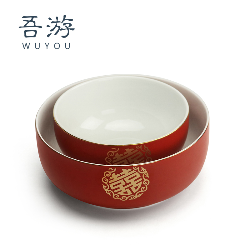 I Tours Festive Noodle Bowl Ceramic Bowl Home Chinese Style Wedding Large Bowl Large Noodle Bowl Wedding bowl Chopsticks Cutlery Red Bowl