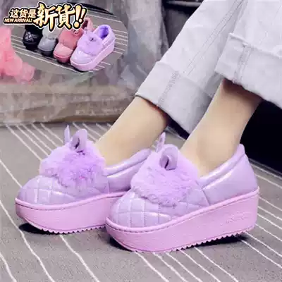 Winter leather waterproof non-slip belt heel high bag heel with root plus velvet thick bottom x warm men's and women's cotton slippers