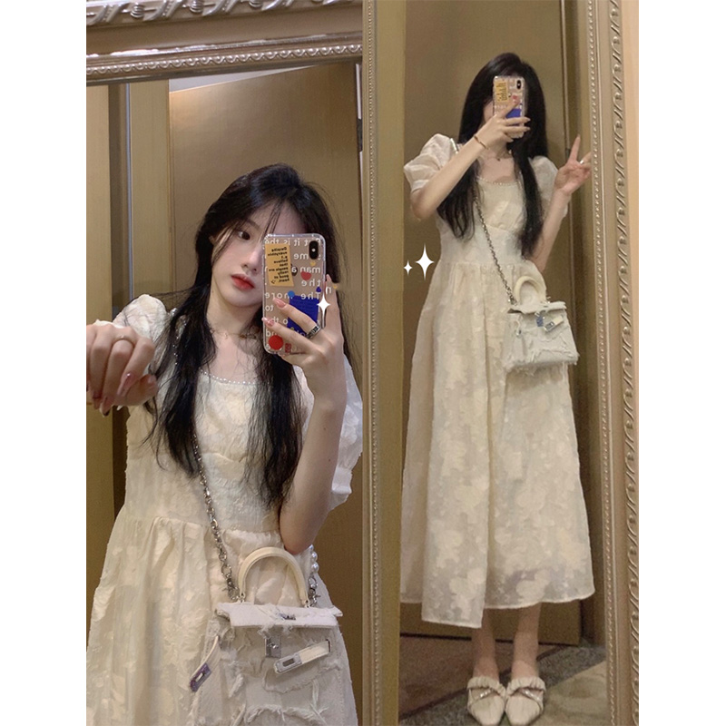 2022 Summer clothes new super-fairy Balloon Flower long dress First love fairy dress French style sweet and beautiful retro foam sleeve foreign dress