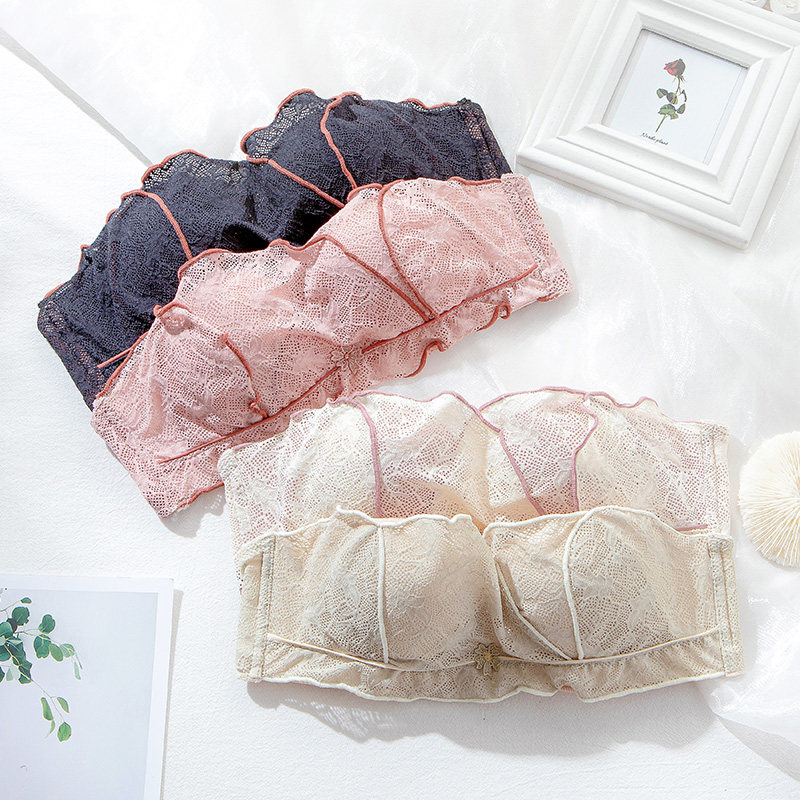 No shoulder strap lingerie female small breasts gather for summer beauty back without steel ring anti-slip and wrap chest invisible lace small cute hood