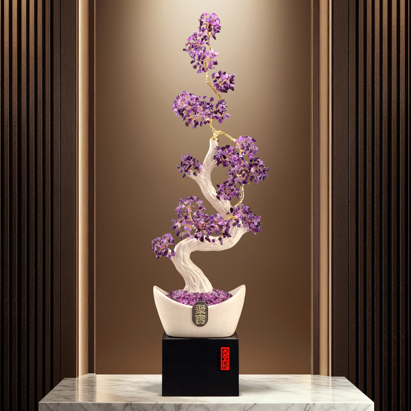 Purple Qi Donglai Crystal Treasure Bowl Money Tree Tall Ornament for Living Room, Entrance, Screen, Office, Shop, Gift