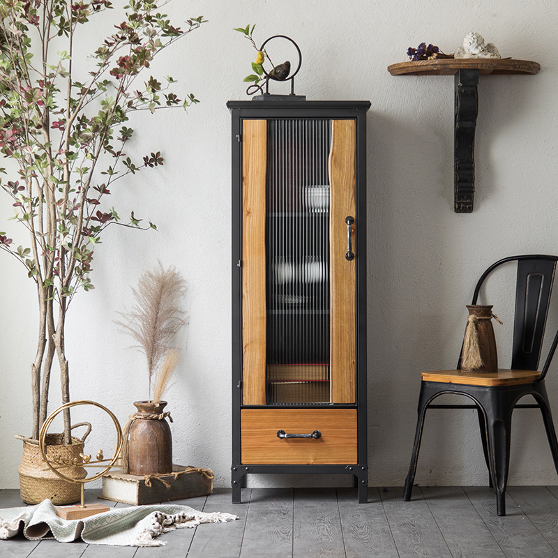 Industrial style retro American wine cabinet against the wall living room Changhong glass cabinet storage cabinet storage solid wood wrought iron high cabinet