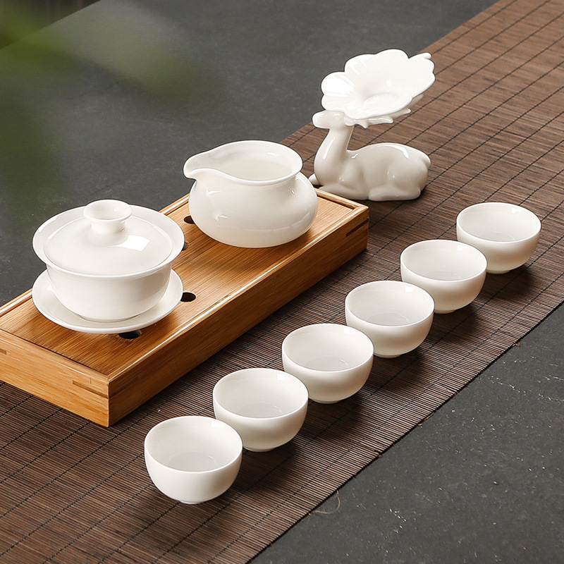 Suet jade porcelain kung fu tea set a complete set of white porcelain tea tea tureen teapot teacup household ceramics