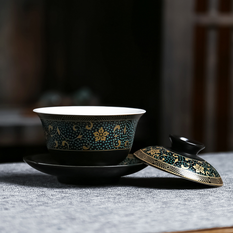 Tureen three to ji blue glaze ceramic tea set bunch of flowers, the process of household see colour Tureen tea kung fu tea set of blue and white porcelain