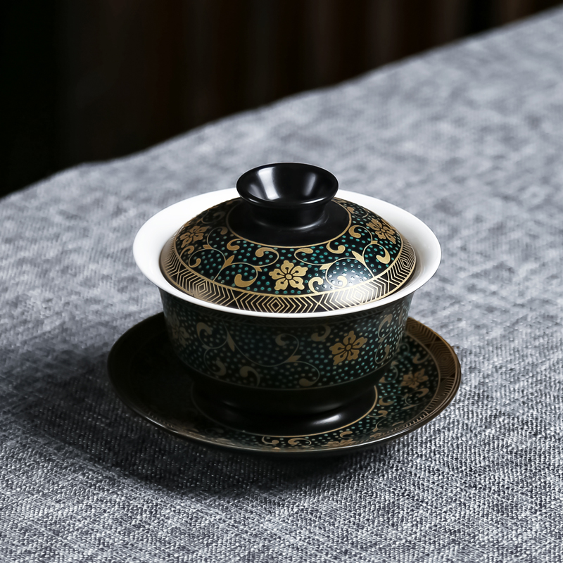 Tureen three to ji blue glaze ceramic tea set bunch of flowers, the process of household see colour Tureen tea kung fu tea set of blue and white porcelain