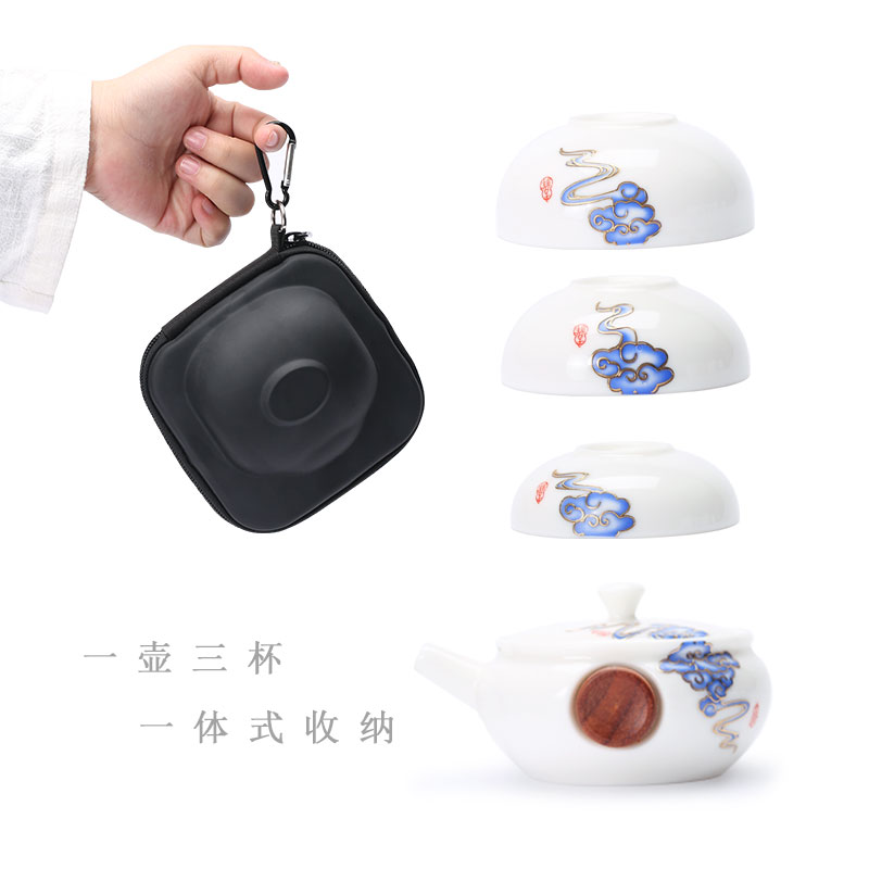 A pot of two or three cups of suet jade cups dehua white porcelain teapot suit crack cup home office travel tea set